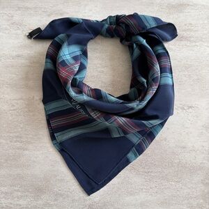 Yves Saint Laurent vintage silk scarf Navy and Teal Plaid Scarf
